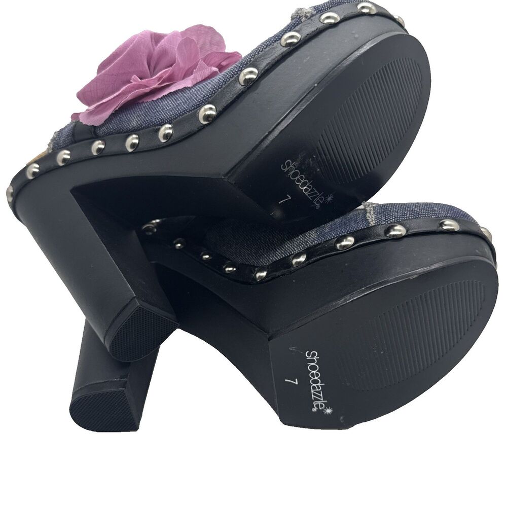 ShoeDazzle Women’s Denim Floral Platform Heels Open Toe Studded Mules Sz 7 - Picture 11 of 12